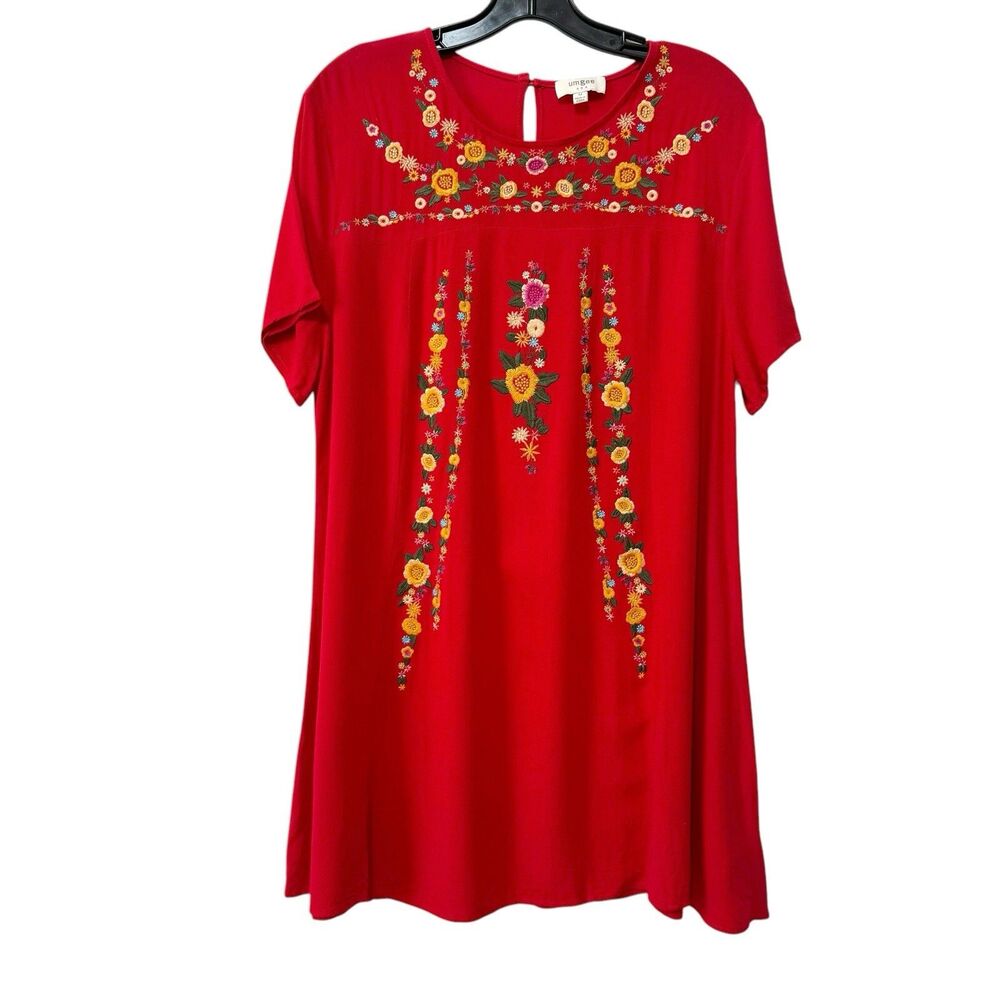Umgee M Red Embroidered Floral Shift Dress Size M Short Sleeve Peasant Boho